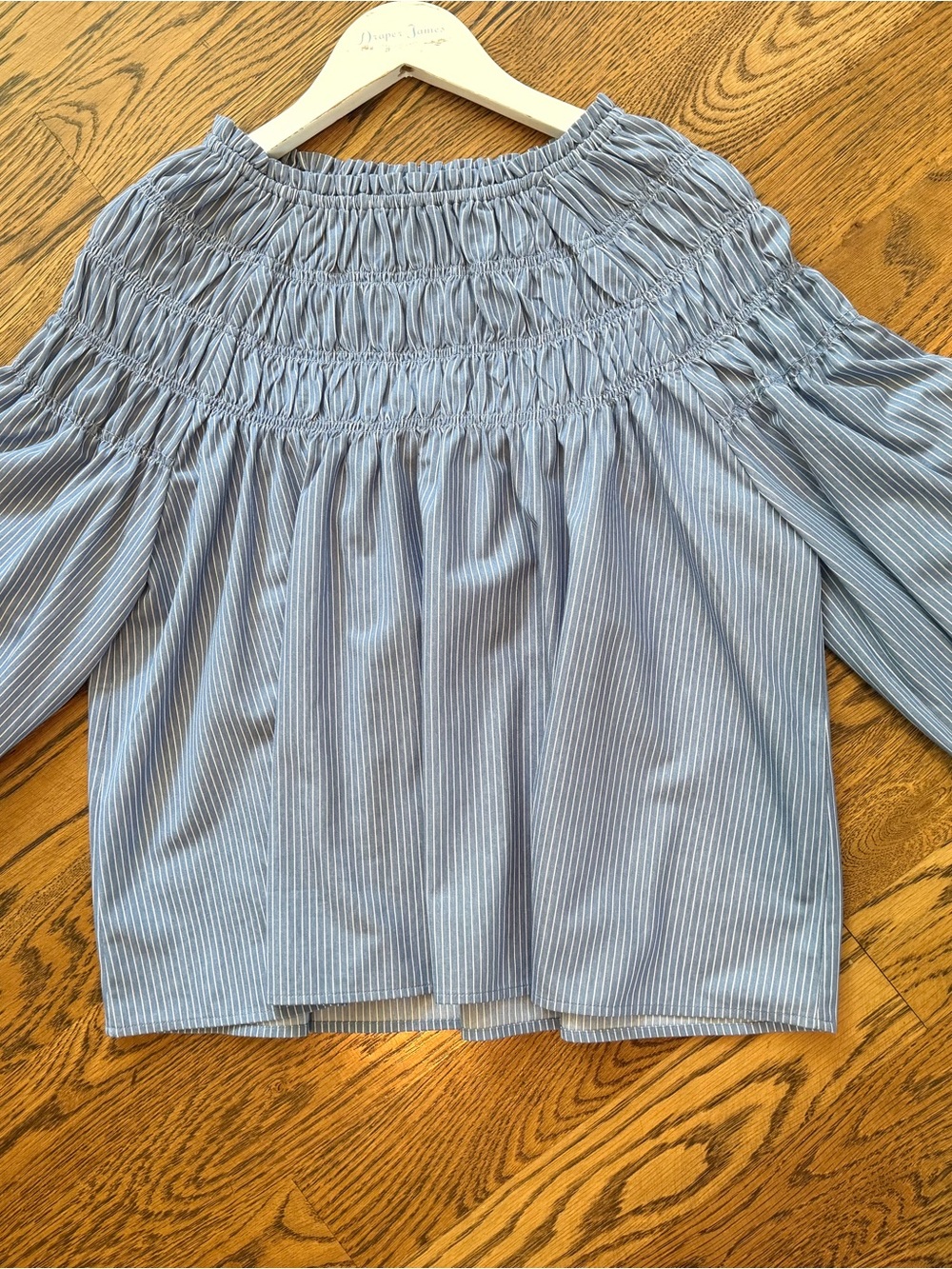Ann Taylor Smocked Off-Shoulder Blue Stripe Women's Top medium
